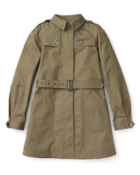 An adult silhouette crafted for minis, this Burberry trench coat infuses grown-up style. An adult silhouette crafted for minis, this Burberry trench coat infuses grown-up style.