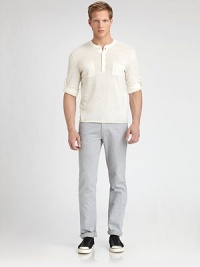 Cotton-blend favorite with long sleeves and a button front, updated by front patch pockets for a modern look. CrewneckButton frontFront patch pocketsLong sleeves55% linen/45% cottonMachine washImported Cotton-blend favorite with long sleeves and a button front, updated by front patch pockets for a modern look. CrewneckButton frontFront patch pocketsLong sleeves55% linen/45% cottonMachine washImported