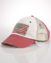 A rugged baseball cap is crafted from subtly faded and abraded cotton twill with mesh panels and an American-flag patch for authentic character. A rugged baseball cap is crafted from subtly faded and abraded cotton twill with mesh panels and an American-flag patch for authentic character.