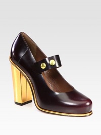 A goldtone block heel and adjustable metal snaps add modern appeal to this classic Mary Jane silhouette of supple leather. Metallic leather heel, 4 (100mm)Leather upperLeather lining and solePadded insoleMade in Italy A goldtone block heel and adjustable metal snaps add modern appeal to this classic Mary Jane silhouette of supple leather. Metallic leather heel, 4 (100mm)Leather upperLeather lining and solePadded insoleMade in Italy