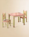 From the Magic Garden Collection. This cheerful, hand-painted 3-piece set will host many tea parties and other playtime activities.Includes table and two chairs Hand-painted with scalloped edges Table measures 28W X 22½H X 23½D Constructed of MDF Imported Recommended for ages 3 and up Please note: Some assembly may be required. 
