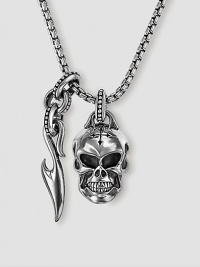 Unique neckwear features a finely detailed skull and Sparta accent in polished sterling silver. Includes 26 chain Skull: ½W X ¾H Sparta accent: ¼W X 1H Made in USA