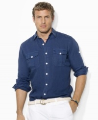 Cut for a comfortable, classic fit, a versatile roll-sleeve sport shirt is crafted from soft, washed linen with military-inspired details. Cut for a comfortable, classic fit, a versatile roll-sleeve sport shirt is crafted from soft, washed linen with military-inspired details.