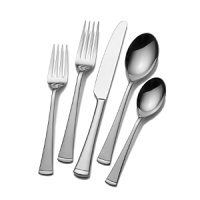 Merino flatware pattern has classic flared shape with banded detailing on the handle. Features hi-shine mirror finish and includes 8 place settings, 5 serving pieces and 8 extra teaspoons. Merino flatware pattern has classic flared shape with banded detailing on the handle. Features hi-shine mirror finish and includes 8 place settings, 5 serving pieces and 8 extra teaspoons.