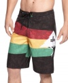 Color-blocked board shorts from LRG up your beachcomber style to red-hot status.