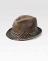 A natural jute trilby hat with check trim and an embroidered logo. Check trimJuteHand washImported