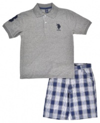 US Polo Assn Boys Charcoal Gray & Navy Blue 2Pc Plaid Short Set US Polo Assn Boys Charcoal Gray & Navy Blue 2Pc Plaid Short Set