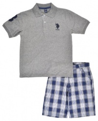 US Polo Assn Boys Charcoal Gray & Navy Blue 2Pc Plaid Short Set