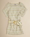 A lovely loose-knit sweater dress spun with metallic thread and finished with goldtone snake-print belt at the waist.