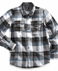 He'll keep his cool and his comfort in this plaid flannel shirt from DC Shoes. He'll keep his cool and his comfort in this plaid flannel shirt from DC Shoes.