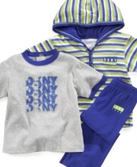Introduce him to the classics with a touch of old school in this always-stylish t-shirt, hoodie and pant 3-piece set from DKNY. Introduce him to the classics with a touch of old school in this always-stylish t-shirt, hoodie and pant 3-piece set from DKNY.