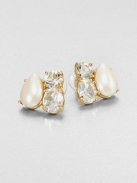 A lustrous cluster of a teardrop-shaped faux pearl and faceted glass stones creates chunky dazzle at the ear.GlassFaux pearlsGoldtoneDiameter, about .75Post backImported