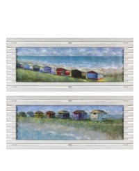 Fitting for a seaside cottage, these Northeast oil reproductions feature colorful homes with a hand-applied brushstroke finish. Distressed whitewash frames complete the enormous pair with quintessential beach style. Fitting for a seaside cottage, these Northeast oil reproductions feature colorful homes with a hand-applied brushstroke finish. Distressed whitewash frames complete the enormous pair with quintessential beach style.