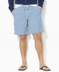 Crafted in a bold solid hue from quick-drying nylon, the classic-fitting Kailua trunk is embroidered with Ralph Lauren's signature pony at the hem for an iconic finish. Crafted in a bold solid hue from quick-drying nylon, the classic-fitting Kailua trunk is embroidered with Ralph Lauren's signature pony at the hem for an iconic finish.