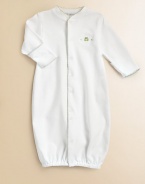 This soft cotton gown with embroidery can be converted to legs. Picot trim Front snaps Cotton; machine wash Imported