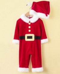 He will spread merriment and joy to everyone in the room in this fun Santa coverall and hat set by First Impressions. He will spread merriment and joy to everyone in the room in this fun Santa coverall and hat set by First Impressions.