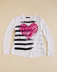 Unfinished paint stripes and a sketchy smiley face add edge to Flowers by Zoe's 2-tone tunic. Unfinished paint stripes and a sketchy smiley face add edge to Flowers by Zoe's 2-tone tunic.