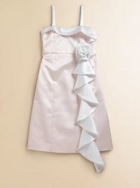 This beautiful, satin, pastel-hued frock with rosette and ruffle detail is extra special for every fancy occasion.SquareneckSleevelessSide zipperBack vented hemPolyesterDry cleanMade in the USA of imported fabric This beautiful, satin, pastel-hued frock with rosette and ruffle detail is extra special for every fancy occasion.SquareneckSleevelessSide zipperBack vented hemPolyesterDry cleanMade in the USA of imported fabric