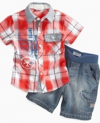 Top award. Make him feel like a champion in this sweet plaid shirt and jean short set from Guess. Top award. Make him feel like a champion in this sweet plaid shirt and jean short set from Guess.