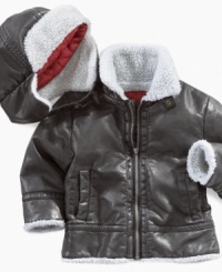 This Guess faux leather bomber jacket and hat will have him riding that stroller in seriously cute style. This Guess faux leather bomber jacket and hat will have him riding that stroller in seriously cute style.