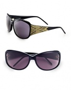 A glossy, glamourous resin design with a Swarvoski crystal accented logo temple. Available in shiny black with smoke lens. Swarvoski crystal accented logo temples100% UV protectionMade in Italy 