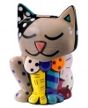 Heads and tails above the average salt and pepper shakers, this cat-shaped pair features the vivid colors and bold patterns of Brazilian pop artist Romero Britto. Head and body separate into two shakers.