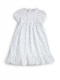 THE LOOKSweet garden roses printRound necklinePintucked center insetShort sleeves with banded cuffsSeamed Empire waistPicot trimmed neckline, inset, cuffs, waist and hemRuffle hemBack snapsTHE MATERIALPima cottonCARE & ORIGINMachine washImported THE LOOKSweet garden roses printRound necklinePintucked center insetShort sleeves with banded cuffsSeamed Empire waistPicot trimmed neckline, inset, cuffs, waist and hemRuffle hemBack snapsTHE MATERIALPima cottonCARE & ORIGINMachine washImported