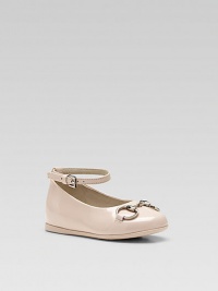 Glossy patent leather ballerina with ankle strap and buckle closure, finished with iconic horsebit detail.Patent leather upper Ankle strap with buckle closure Hypoallergenic palladium finish hardware Rubber sole Made in Italy Additional InformationKid's Shoe Size Guide (European Equivalent) Glossy patent leather ballerina with ankle strap and buckle closure, finished with iconic horsebit detail.Patent leather upper Ankle strap with buckle closure Hypoallergenic palladium finish hardware Rubber sole Made in Italy Additional InformationKid's Shoe Size Guide (European Equivalent)