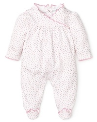 An asymmetrical ruffled collar and pink scalloped edging adorn this floral footie with a too-cute finish. An asymmetrical ruffled collar and pink scalloped edging adorn this floral footie with a too-cute finish.