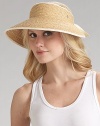 Packable wide brim raffia is accented with cotton ribbon detailing. About 4 brim Adjustable One size Spot clean Imported