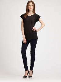 Semi-sheer lace trim adds ladylike charm to this ultra-soft, basic tee. CrewneckSemi-sheer cap sleevesLonger length hits below the hips60% cotton/40% nylon with modal trimDry cleanMade in USA of imported fabricModel shown is 5'10 (177cm) wearing US size Small. Semi-sheer lace trim adds ladylike charm to this ultra-soft, basic tee. CrewneckSemi-sheer cap sleevesLonger length hits below the hips60% cotton/40% nylon with modal trimDry cleanMade in USA of imported fabricModel shown is 5'10 (177cm) wearing US size Small.