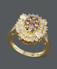 Add a bright ray of sunshine to your look. Effy Collection ring features a sunburst pattern of round-cut cognac diamonds (1/3 ct. t.w.) surrounded by rays of round and baguette-cut white diamonds (3/8 ct. t.w.). Set in 14k gold. Add a bright ray of sunshine to your look. Effy Collection ring features a sunburst pattern of round-cut cognac diamonds (1/3 ct. t.w.) surrounded by rays of round and baguette-cut white diamonds (3/8 ct. t.w.). Set in 14k gold.