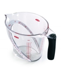 Unlike traditional measuring cups, this innovative cup features a patented angled surface, letting you read measurements by looking straight down into the cup. Includes bright, easy-to-read measurement markings and a non-slip, soft handle. Unlike traditional measuring cups, this innovative cup features a patented angled surface, letting you read measurements by looking straight down into the cup. Includes bright, easy-to-read measurement markings and a non-slip, soft handle.