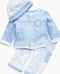 Anchors away! Keep your little captain cozy in this darling 3-piece shirt, pant and beanie set from Little Me. Anchors away! Keep your little captain cozy in this darling 3-piece shirt, pant and beanie set from Little Me.