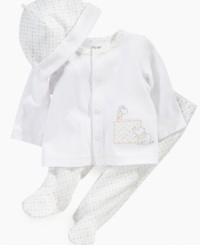 They'll be precious and picture perfect in this sweet shirt, footed pant and beanie 3-piece set from Little Me. They'll be precious and picture perfect in this sweet shirt, footed pant and beanie 3-piece set from Little Me.