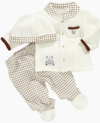 Step up his preppy style with this plaid shirt, footed pant and beanie 3-piece set from Little Me. Step up his preppy style with this plaid shirt, footed pant and beanie 3-piece set from Little Me.