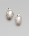 A lustrous round white pearl stud, with a sparkling cubic zirconia accent, set in 18k gold vermeil. 12mm white round organic man-made pearls Cubic zirconia 18k gold vermeil 14k gold post Post-and-hinge back Made in Spain