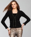 INC's petite cardigan gets a style boost from shiny studded detail at the neck, placket and pockets.