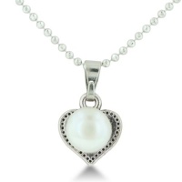 Heart Shaped Pendant With Freshwater Natural White 7.5-8mm Round Pearl On Faceted Ball Chain Necklace, 18 Inches Long Heart Shaped Pendant With Freshwater Natural White 7.5-8mm Round Pearl On Faceted Ball Chain Necklace, 18 Inches Long