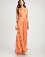 Supple silk in a floor-length silhouette, enhanced by a sparkling jeweled neckline.Jeweled necklineSleevelessRuched bodiceBanded waistConcealed back zipSilk liningAbout 45 from natural waistSilkSpot cleanImported of domestic fabricModel shown is 5'11 (180cm) wearing US size 4. 