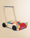 Made entirely of recycled materials, this baby walker will provide hours of fun for little ones and also help develop postural control and movement skill development. For ages 1 and up Specially designed handle can be adjusted to different heights and stiffness for stability and child safety. Set includes 24 colored and natural blocks About 11W X 19¼H X 14¼D Keep dry Imported