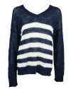 Aqua Womens Navy White Stripe V Neck Semi Loose Knit Sweater M