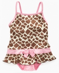 Stick your neck out. Give her some wild style with this fun animal-print swimsuit from Pink Platinum. Stick your neck out. Give her some wild style with this fun animal-print swimsuit from Pink Platinum.