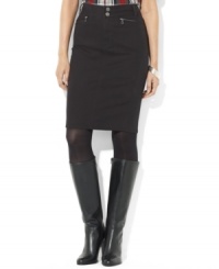 Lauren Jeans Co.'s straight skirt is always in style, and this sleek option is rendered in comfortable stretch denim. Lauren Jeans Co.'s straight skirt is always in style, and this sleek option is rendered in comfortable stretch denim.
