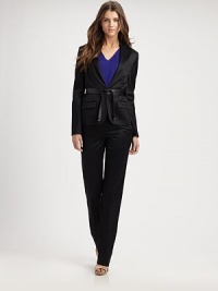 Stretch wool sateen in a slim-fit silhouette, cinched with a double-wrap leather belt.Notched lapelFront hook-and-eye closureWelt pocketLong slim-fit sleevesSide flap pocketsIncluded leather beltSingle back ventSilk liningAbout 26 from shoulder to hem96% wool/3% polyamide/1% elastaneDry cleanMade in ItalyModel shown is 5'11 (180cm) wearing US size 4 Additional Information Women's Premier Designer & Contemporary Size Guide Stretch wool sateen in a slim-fit silhouette, cinched with a double-wrap leather belt.Notched lapelFront hook-and-eye closureWelt pocketLong slim-fit sleevesSide flap pocketsIncluded leather beltSingle back ventSilk liningAbout 26 from shoulder to hem96% wool/3% polyamide/1% elastaneDry cleanMade in ItalyModel shown is 5'11 (180cm) wearing US size 4 Additional Information Women's Premier Designer & Contemporary Size Guide