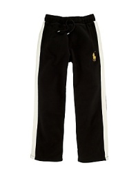 Ralph Lauren's iconic embroidered pony accents a pair of fleece active pants with bold contrast stripes down the legs for sporty style. Ralph Lauren's iconic embroidered pony accents a pair of fleece active pants with bold contrast stripes down the legs for sporty style.