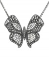 Soar to stylish heights. This sterling silver necklace features a butterfly pendant adorned with round-cut marcasite and crystals for a whimsical touch perfect on any occasion. Approximate length: 16 inches + 2-inch extender. Approximate drop length: 1-1/2 inches. Approximate drop width: 1 inch.