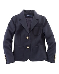 The timeless, polished blazer is tailored in a classic silhouette with gold-tone crest-embossed buttons. The timeless, polished blazer is tailored in a classic silhouette with gold-tone crest-embossed buttons.