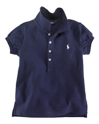 Essential cap-sleeved polo shirt in signature stretch cotton mesh, mercerized for a lustrous sheen. Essential cap-sleeved polo shirt in signature stretch cotton mesh, mercerized for a lustrous sheen.