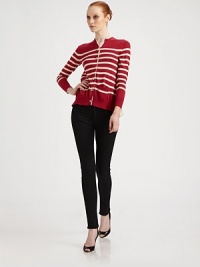This striped knit style is embellished with an artfully draped chiffon back panel.Rib-knit crewneck, cuffs and hemLong sleevesButton frontSide slash pocketsDraped chiffon back insetAbout 26 from shoulder to hemBody: cottonInsets: cupro, polyesterDry cleanImportedModel shown is 5'11 (180cm) wearing US size Small. This striped knit style is embellished with an artfully draped chiffon back panel.Rib-knit crewneck, cuffs and hemLong sleevesButton frontSide slash pocketsDraped chiffon back insetAbout 26 from shoulder to hemBody: cottonInsets: cupro, polyesterDry cleanImportedModel shown is 5'11 (180cm) wearing US size Small.